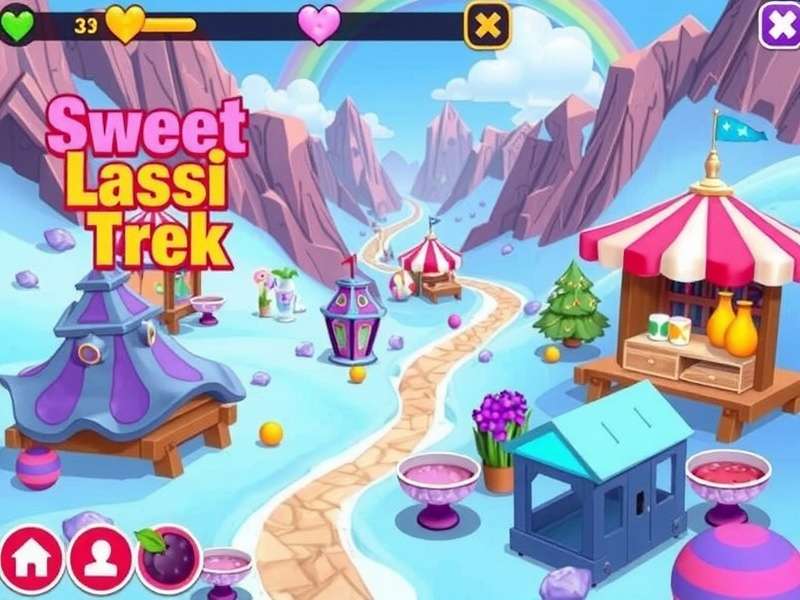 Sweet Lassi Trek game screenshot showing colorful lassi stands and mountain paths